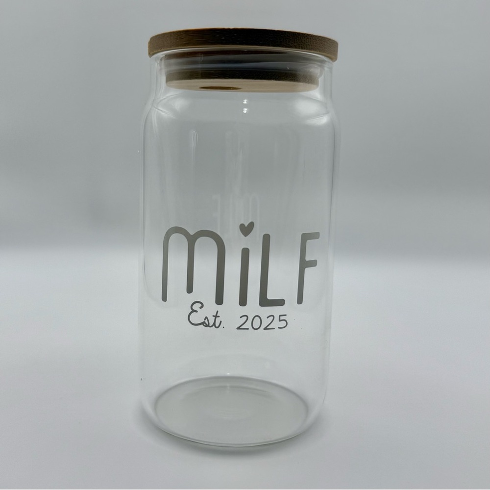 MILF Est 2025 Glass Can Tumbler Clear NEW Bamboo Lid Straws